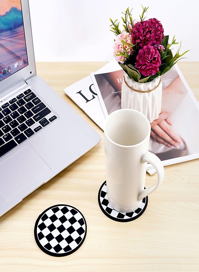 BUNCHBRAVO 6 Pack Checkered Coasters for Drinks, Black and White Checked Round Silicone Coasters for Kitchen Dining Table Home Decor - Image 3